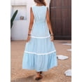 thumbnail image 6 of Women Striped Lace Patchwork V Neck Sleeveless High Waist Dress Blue S, 6 of 9