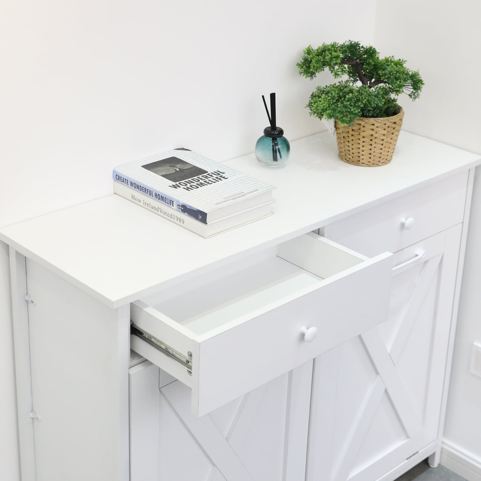 LAZY BUDDY Double Tilt-out Trash Cabinet Free Standing Kitchen Garbage Bin Recycling Cabinet Wooden Hideaway Trash Cans Holder (2x 10 Gallon)- White