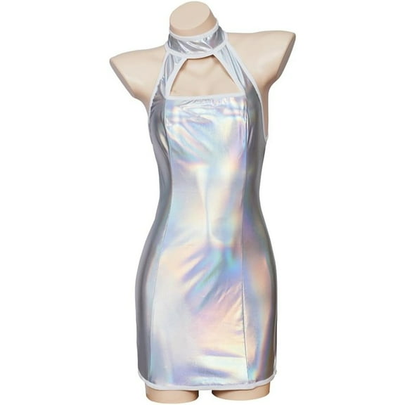 Sexy Silver Metallic Dress Strappy Halter Mini Dress Club Party Dress for Women