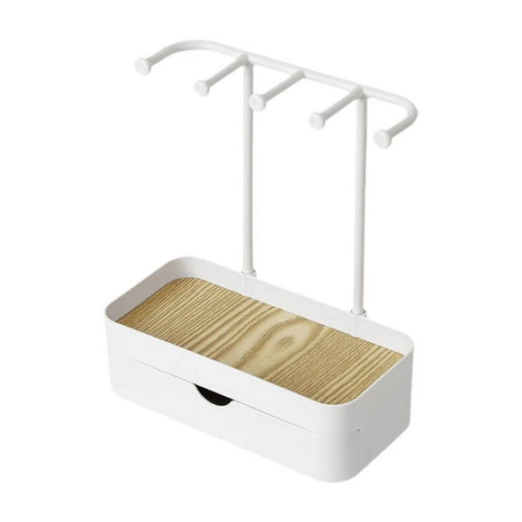 Yingyy Jewelry Display Stand with Wood Stand is made Tray 5 Hanging Hooks Keys Jewelry Tower Rack White