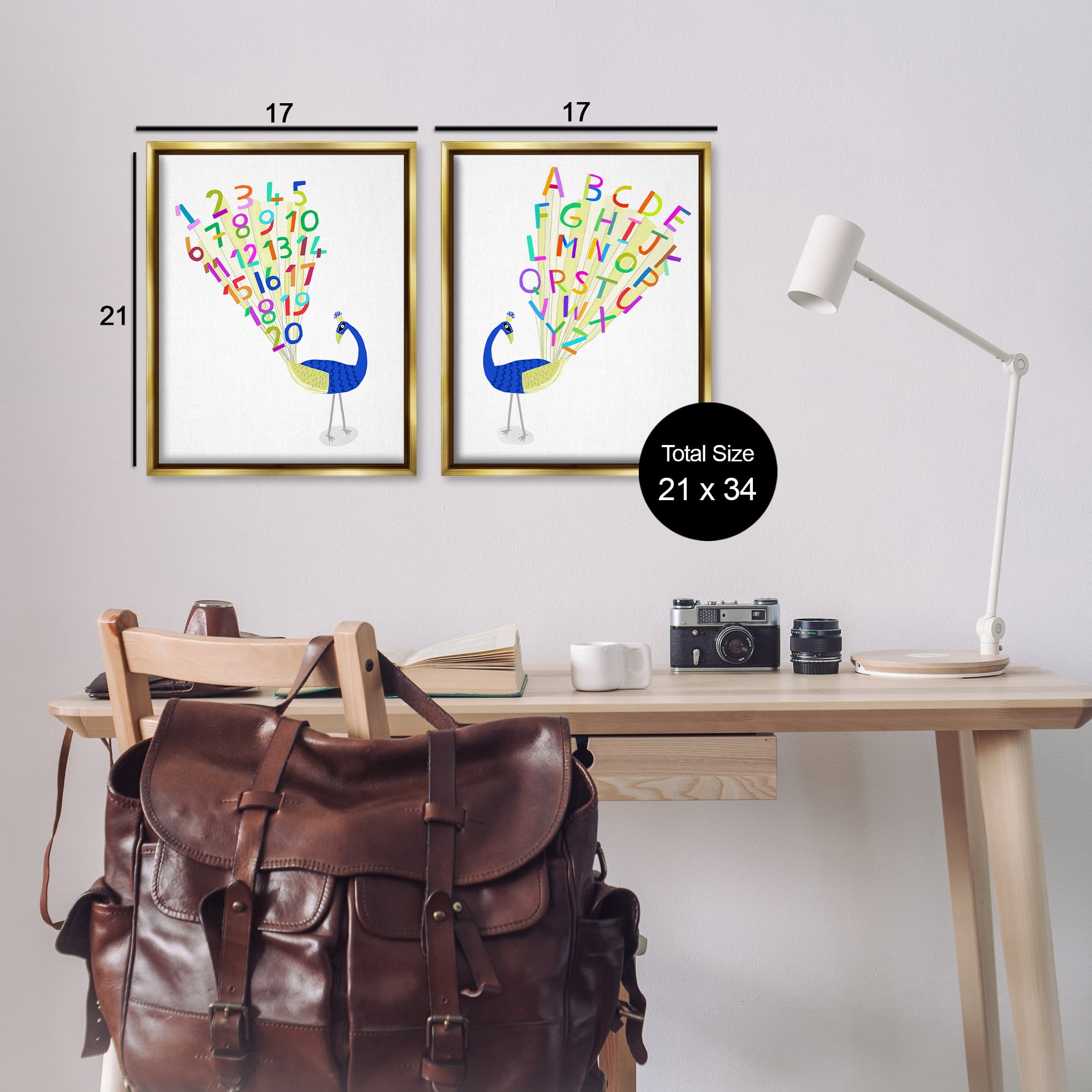 Stupell Industries Peacock Alphabet Numbers Education Painting Gold Floater Framed Canvas Art Print Wall Art, 17 x 21, Set of 2