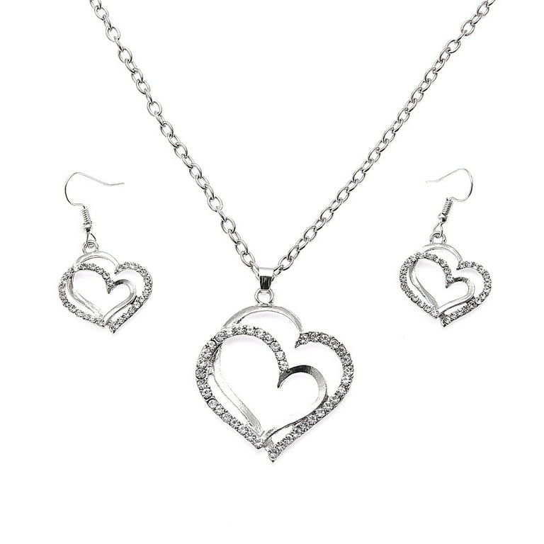 ★ROSEMONT★ Silver Heart Earrings Necklace Set RC24B16E SET 3 Pcs Set Heart Shaped Jewelry Set Of Earrings Pendant