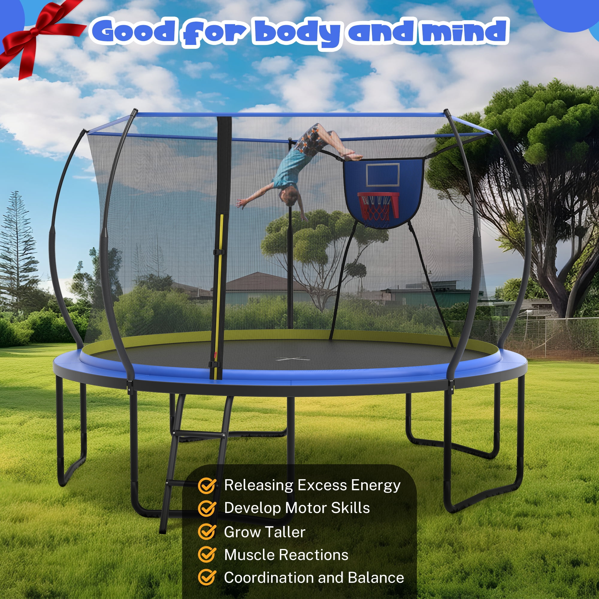 12FT Trampoline for Kids with No-gap Design, SHINPT Outdoor Trampoline with Basketball Hoop, 12FT Kids Trampoline with 1200LBS Capacity, Big Trampoline Outdoor for Backyard, Large Trampoline Outdoor