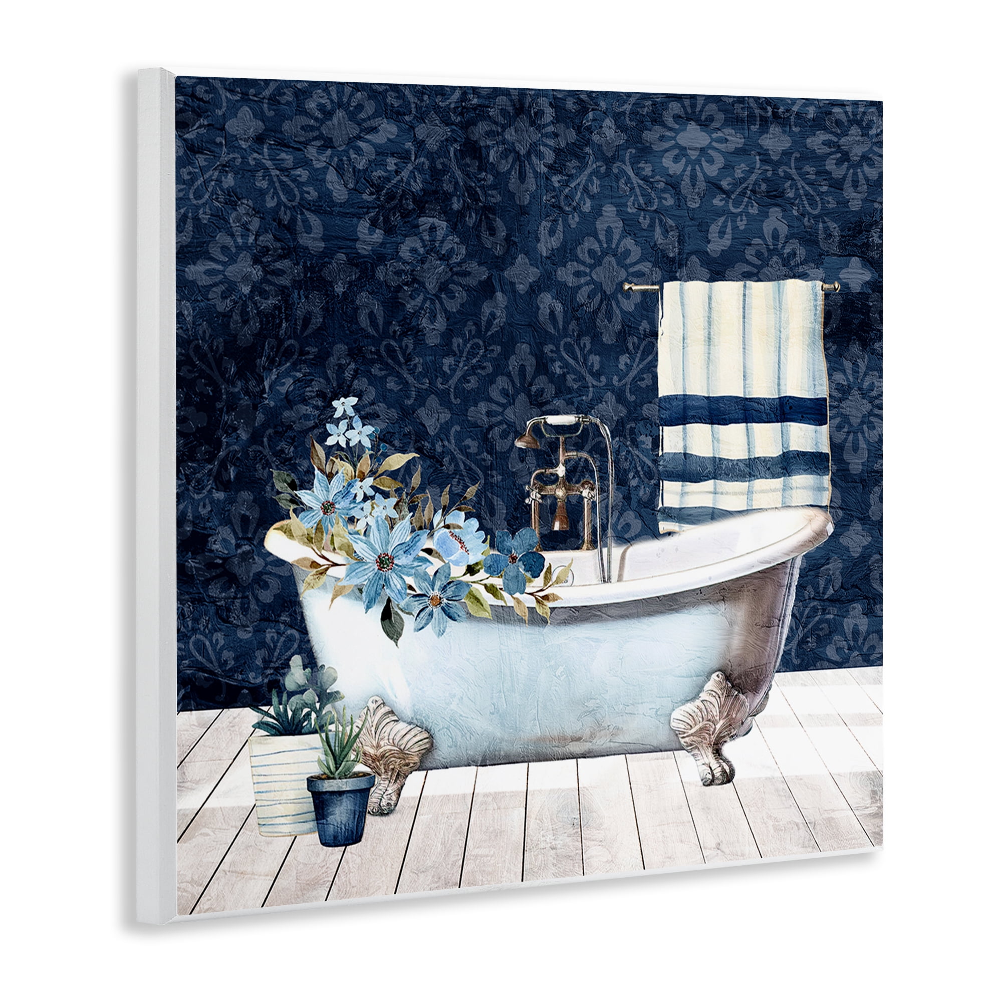 Stupell Industries Blue Damask Bathroom Bath & Laundry Painting Unframed Art Print Wall Art, 12 x 12