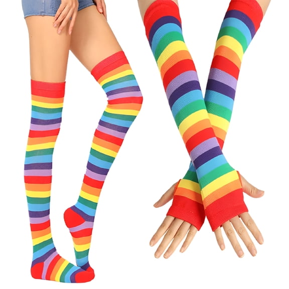 TELOLY Striped Socks Over Knee Thigh High Socks Gloves Rainbow Arm Leg Warmer