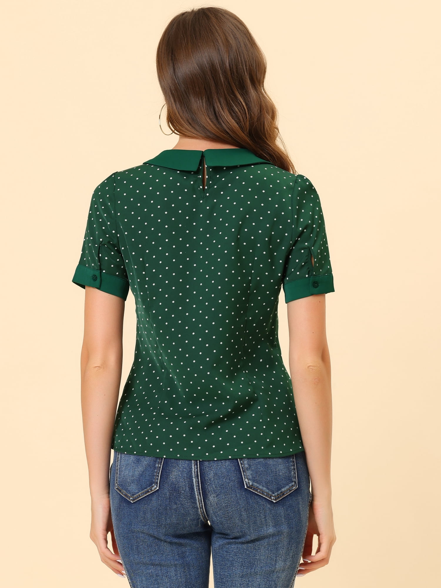 DARING DIVA Women's Peter Pan Collar Polka Dots Short Sleeve Tops XS Green
