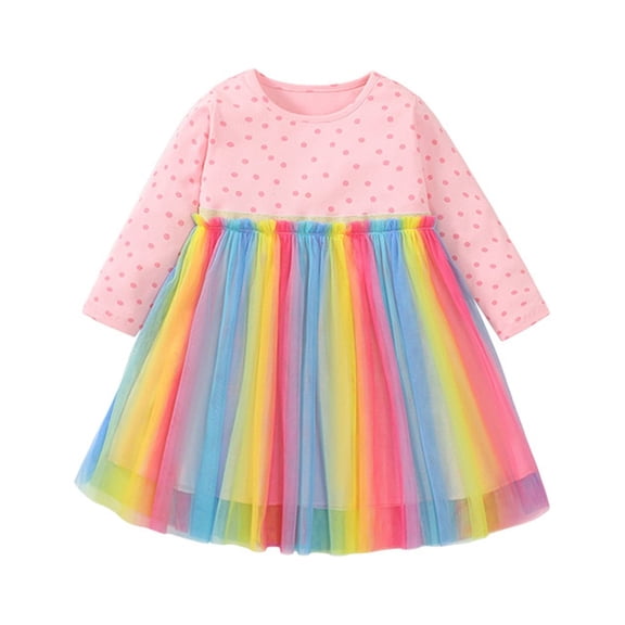 Tisuna Child Girls Long Sleeve Dress Fashion Colorful Print Mesh Dresses Toddler Lounging Wear Crewneck Dress Size 1-2 Years