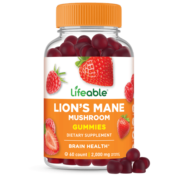 Lifeable Lions Mane Gummies for Adults | Great Tasting Lions Mane Mushroom Extract | Vegan, Kosher, Non-GMO Mushroom Gummies | Brain Support Supplement | 60 Gummies