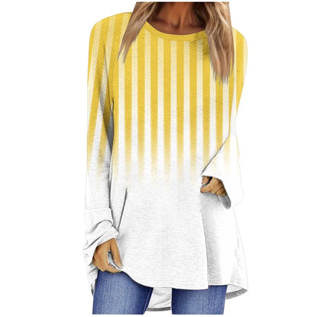 ameIAEA Tunic Tops for Women 2024 Fall Long Sleeve Crewneck Shirts Striped Color Block Loose Blouse