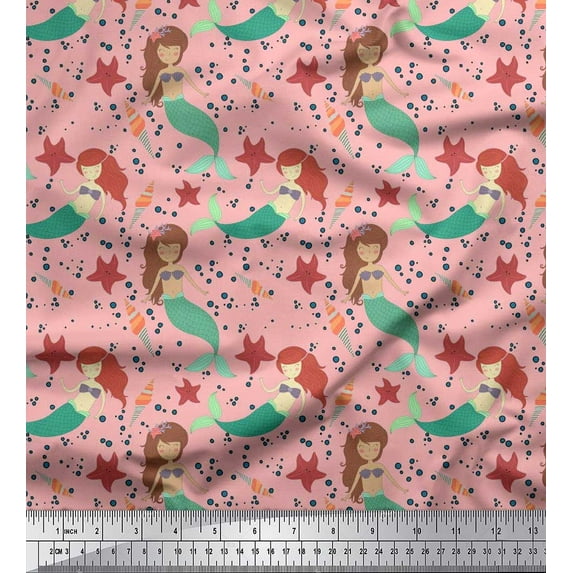 Soimoi Pink Heavy Canvas Fabric Mermaid & Starfish Ocean Fabric Prints By Yard 58 Inch Wide