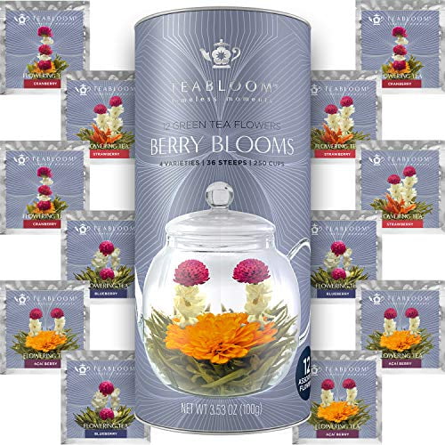 Teabloom Berry Flowering Teas - 12 Assorted, Delicious Berry Blooming Teas - Fresh, Handpicked Ingredients - Premium Green Tea + Cranberry, Blueberry, Acai Berry & Strawberry