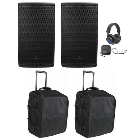 (2) JBL EON612 12" 1000w Powered DJ PA Speakers+Rolling Travel Bags+Headphones