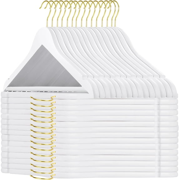 Wooden Hangers 30 Pack, White Wood Coat Hanger with 360° Swivel Gold Hook, Non Slip Pants Bar and Shoulder Notches for Camisole, Jacket, Pants, Smooth Finish Clothes Hangers