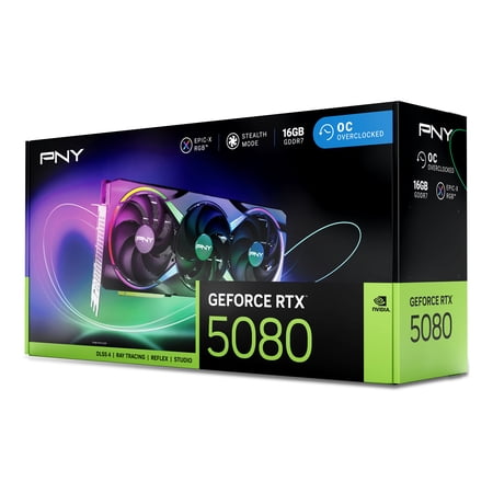 PNY NVIDIA GeForce RTX™ 5080 Epic-X™ ARGB OC Triple Fan, Graphics Card (16GB GDDR7, 256-bit, Boost Speed: 2775 MHz, PCIe® 5.0, HDMI®/DP 2.1, 2.99-Slot, NVIDIA Blackwell Architecture, DLSS 4)