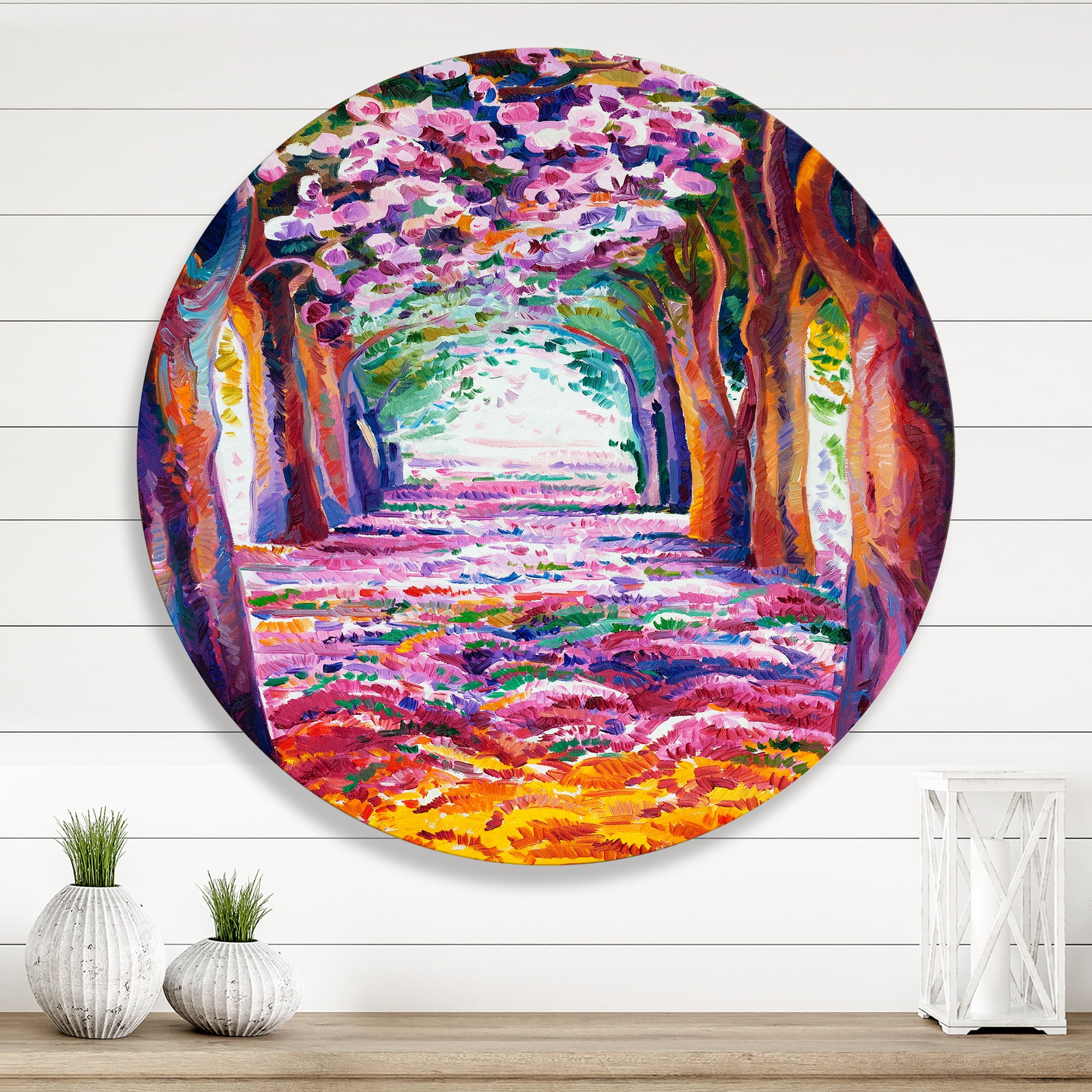 Designart 'Pink Flowering Colorful Spring Forest' Lake House Circle Metal Wall Art 11x11 - Disc of 11