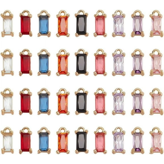 9 Colors Cubic Zirconia Charms 36pcs Micro Pave Rhinestone Charms Rectangle Crystal Charms Birthstone Charms Tiny Pendants for Jewelry Making Earring Bracelet Necklace Craft 9x4x3mm