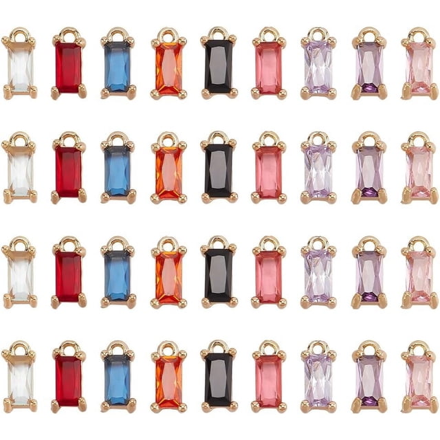 9 Colors Cubic Zirconia Charms 36pcs Micro Pave Rhinestone Charms Rectangle Crystal Charms Birthstone Charms Tiny Pendants for Jewelry Making Earring Bracelet Necklace Craft 9x4x3mm