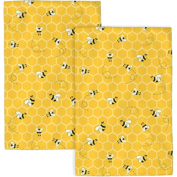 Mustard Yellow Kitchen Towels 18x26 Inch Cute Honey Bee Summer Decor Dish Towels Honeycomb Seasonal Holiday Decoration Hand Towels Absorbent Dish Cloths for Home Kitchen Dining Set of 2