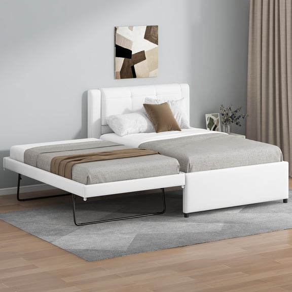 Harper & Bright Designs Twin Size Upholstered Bed with Adjustable Trundle, Twin Platform Bed with Padded Headboard for Bedroom, Twin Trundle can be Flat or Erected, Beige