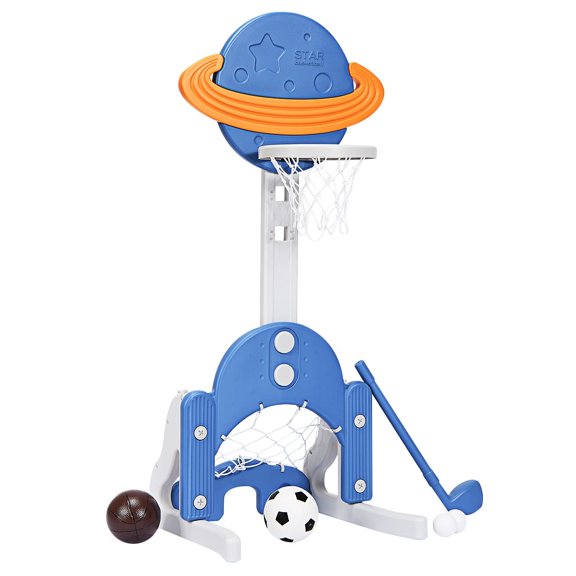 Canasta de Baloncesto Costway Altura Regulable para Niños Azul y Gris 57 x 57 x 111-151 cm con Pelota de Baloncesto Fútbol y de Golf