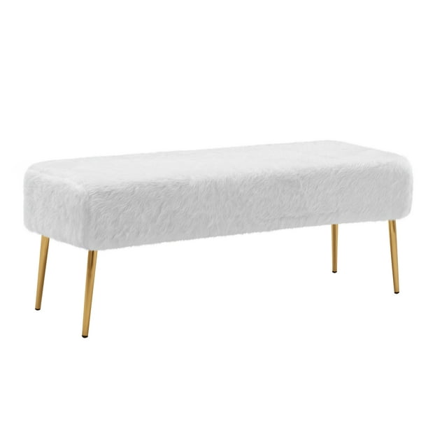 Duhome Faux Fur Bench Ottoman Comfortable Footrest Stool Bench Indoor Bench  with Gold Metal Base Legs for Entryway Living Room Bedroom White