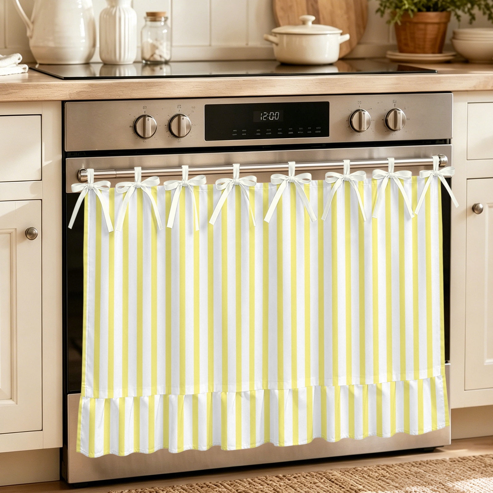 Oven Curtain for Kitchen Yellow White Line Stove Curtain With Ruffled Trim Dishwasher Curtains Modern Minimalist Vertical Stripes Oven Skirt 30 x21.5