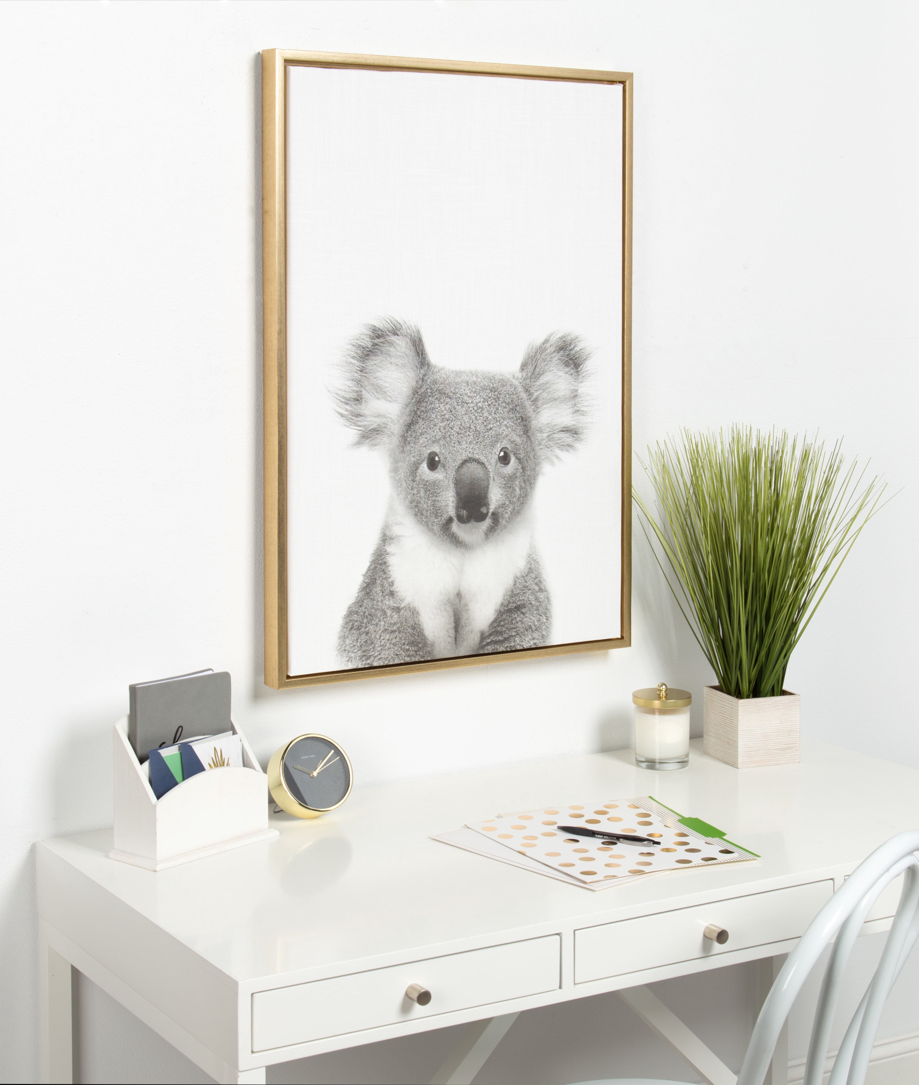 Kate and Laurel Sylvie Koala Animal Print Black and White Portrait Framed Canvas Wall Art by Simon Te Tai, 23x33 Gold