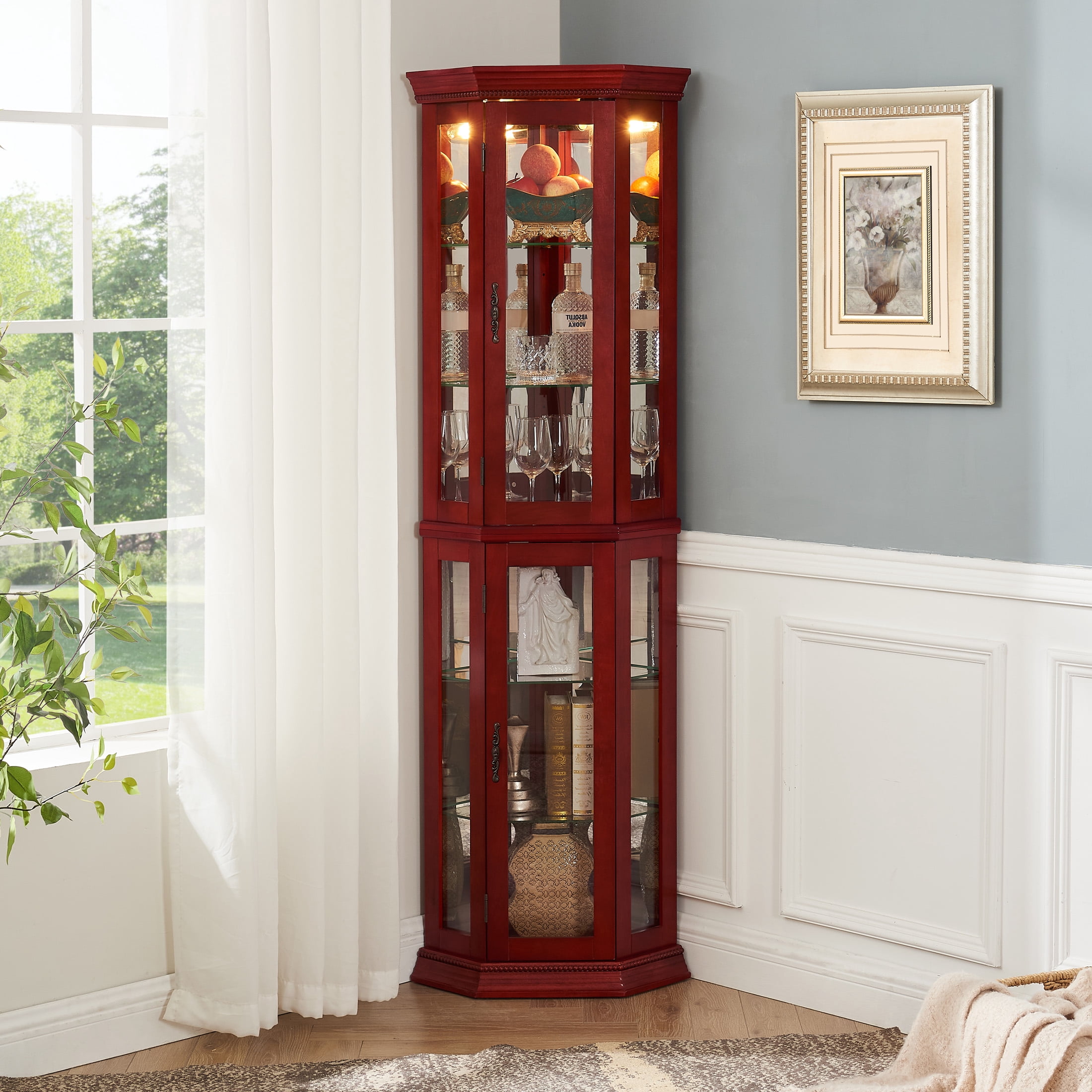 Aukfa Glass Storage Cabinet, Lighted Display Cabinet with Adjustable Shelves, Cherry