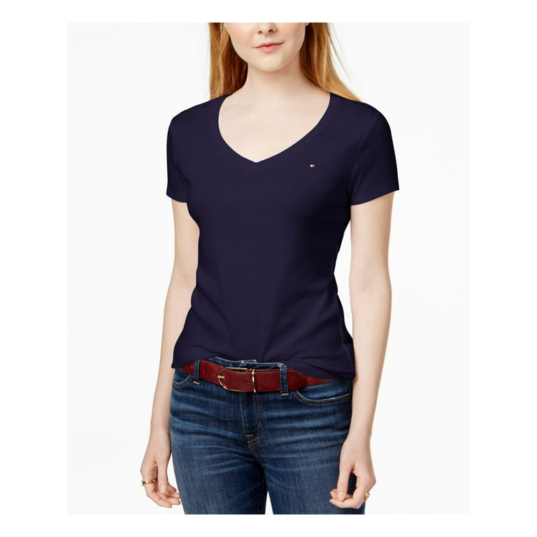 TOMMY HILFIGER Womens Navy Short Sleeve V Neck T-Shirt Size: - Walmart.com