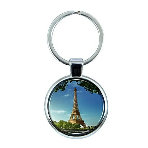 Eiffel Tower River Seine Keychain with Epoxy Dome and Metal Keyring