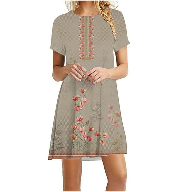 Puntoco Vestido De Cuello Redondo De Manga Corta Estampado Informal De Moda Costera De Verano Para Mujer Amarillo Xxxxl,Regalos Para Mujer Joven