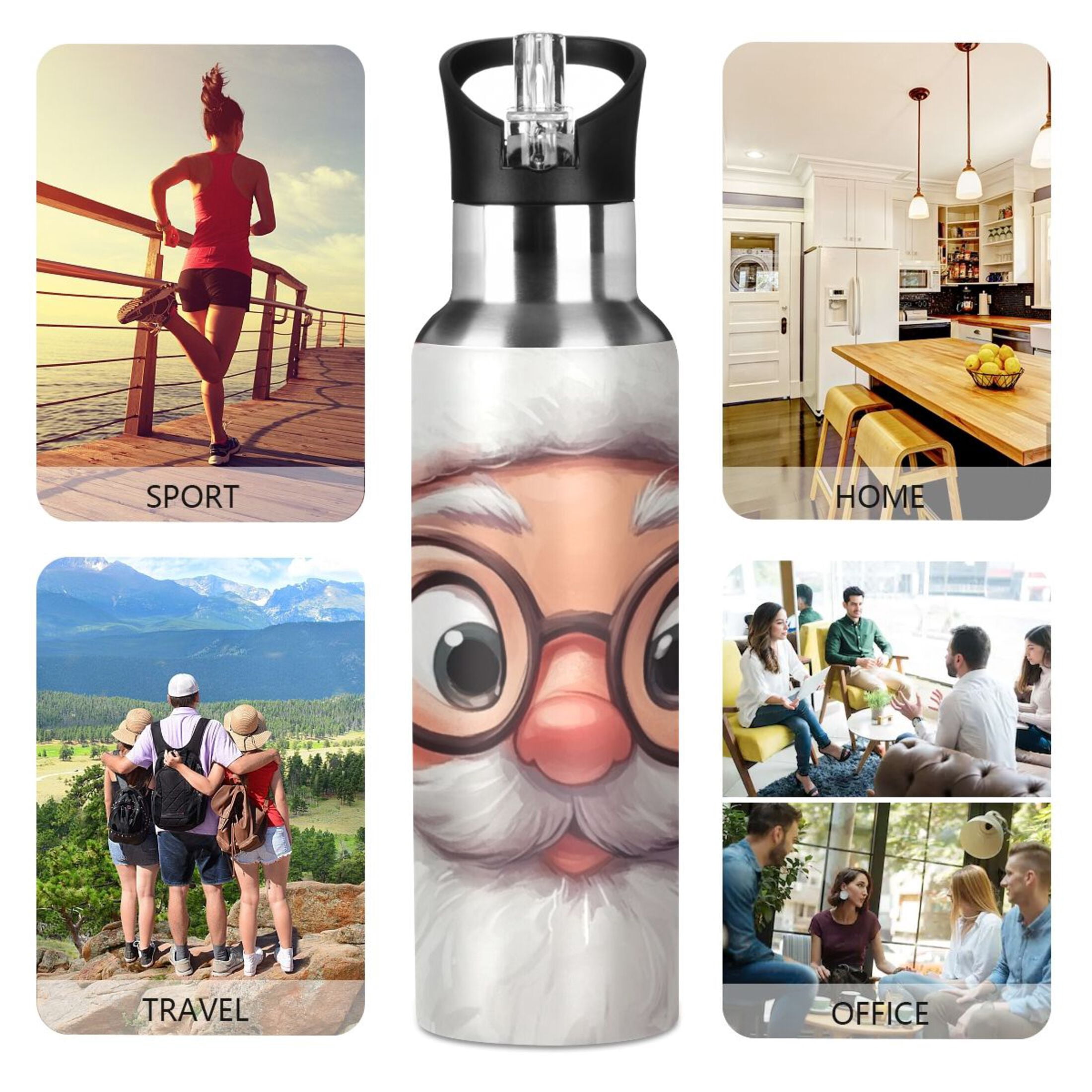 Cute Santa with Glasses Sports Bottle with Straw Stainless Steel Water Jug Portable Thermal Cup Leak-proof 1000ML