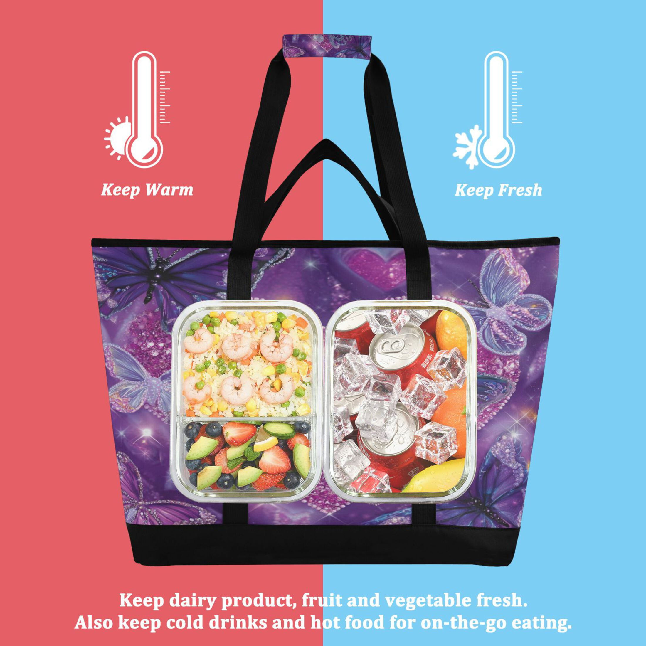 Extra-Large Wide Opening Design Capacity Hand-Held Ice Pack Thickened Insulation Layer For Long-Lasting Cold Retention For Outdoor Shopping Picnics And Camping Adorable Diamond Painting Butterfly