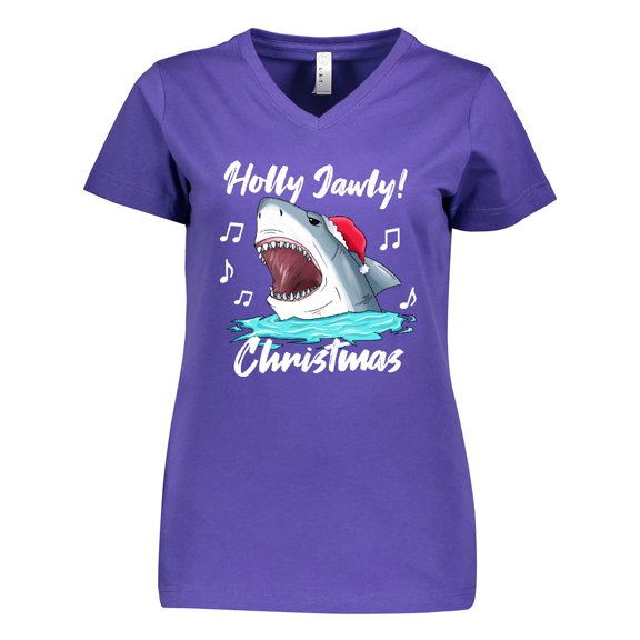 Inktastic Shark Holly Jawly Christmas Women's V-Neck T-Shirt