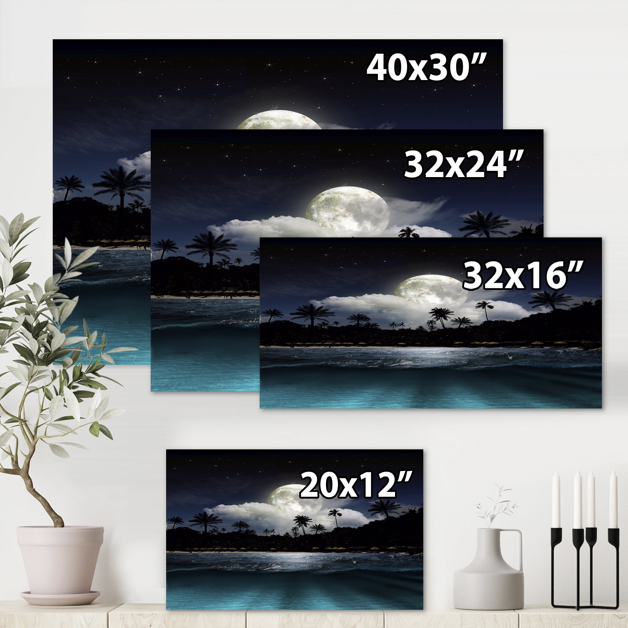 Designart ' Green Beach Under Tropical Full Moon ' Modern Canvas Wall Art Print
