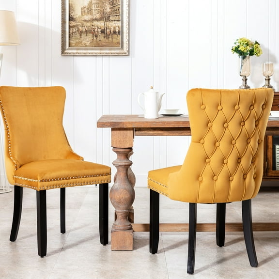 Golden Dining Chairs With Elegant Velvet Upholstery. Solid Wood Frame, High , Decorative Trim. Sw8809gl 2pcs Legs. Foam Filled Cushion, Backstitching, Fashionable Look.