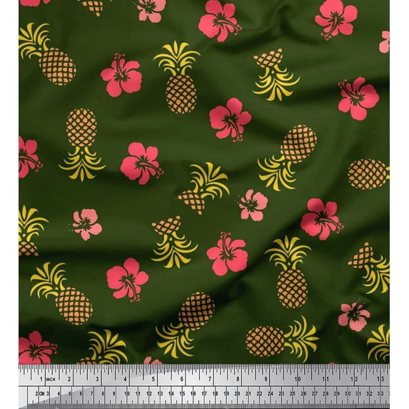 Soimoi Green polyester Crepe Fabric Floral & Pine Fruits Decor Fabric Printed Yard 42 Inch Wide