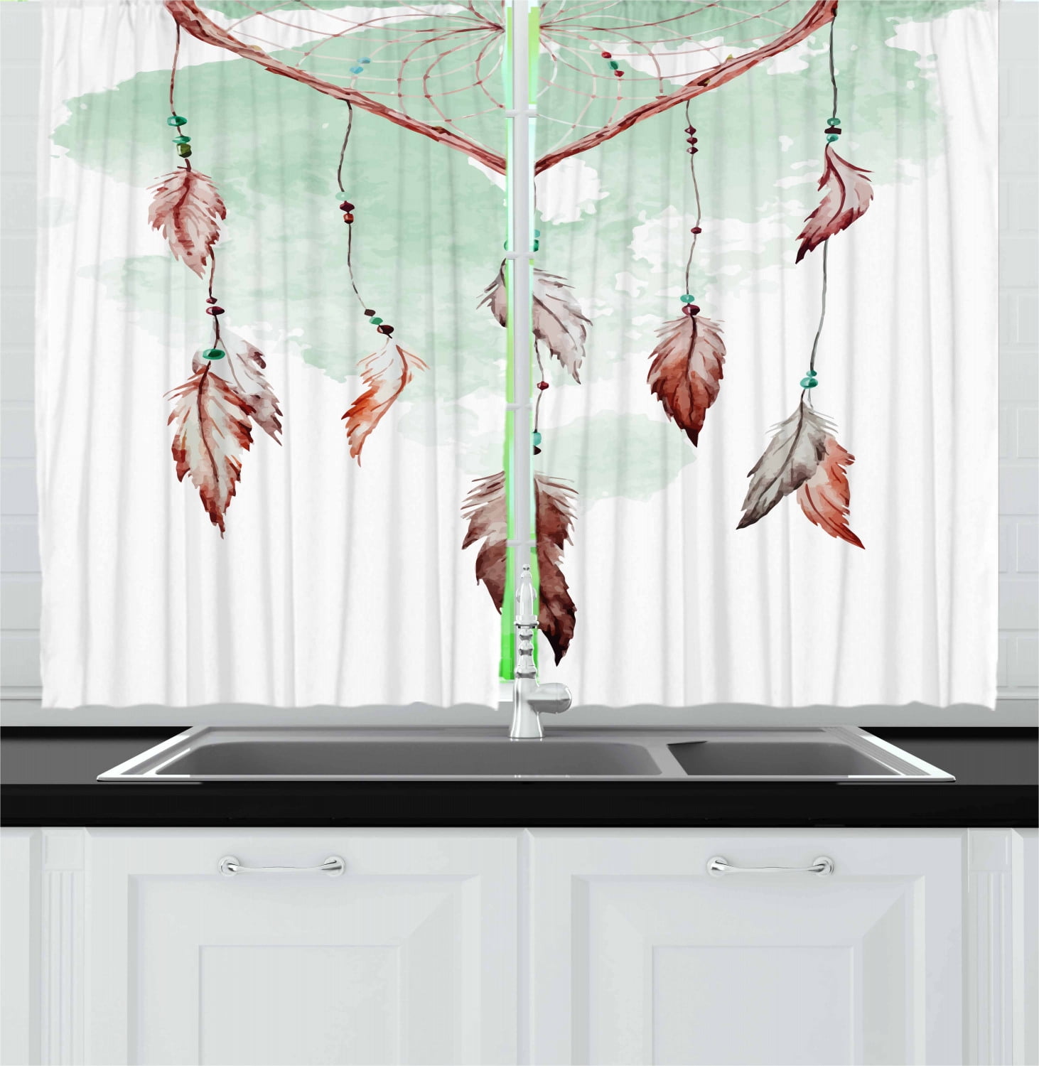 Feather Curtains 2 Panels Set, Watercolor Vibrant Dream Catcher with Ornamental Elements Traditional Design, Window Drapes for Living Room Bedroom, 55W X 39L Inches, Mint Green Brown, by Ambesonne