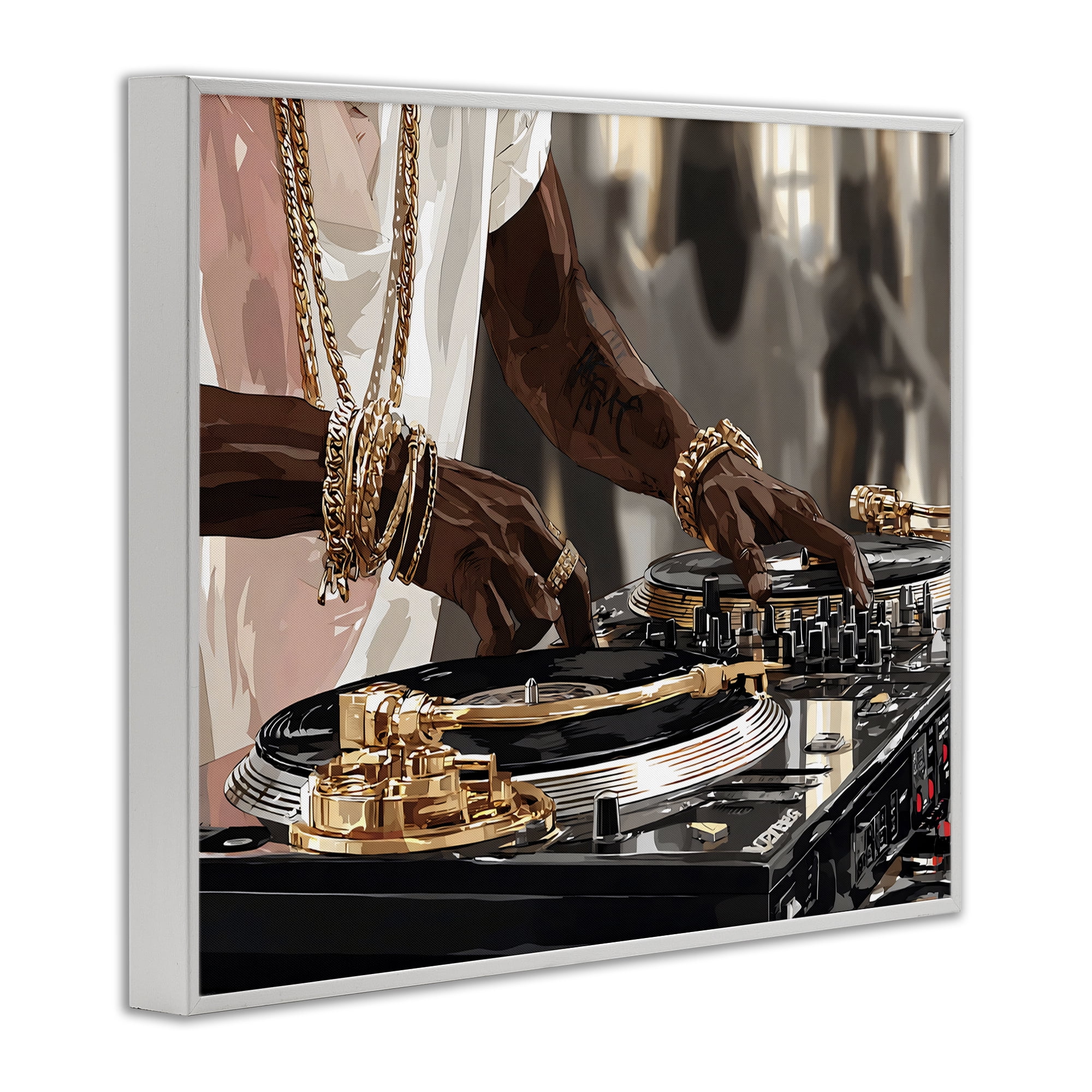 Stupell Industries Golden Sound DJ Turntables White Framed Giclee Art, design by Franklyn Gregory