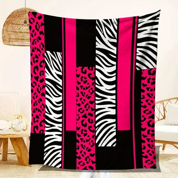Pink Leopard Print Plush Blanket, Air Conditioning Blanket Hunting Leopard Pink White Black Flannel Fleece Blanket, Animal Print Four Seasons Bedspread Breathable Geometric Room Decor