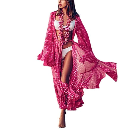 Women s Swimwears Cover-Ups Chiffon Beach Blouses Swim Cover Up Cardigan Long Bikini Cover Up Polka Dot Swimsuit Coverup Lady Casual Beachwear