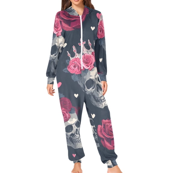 Skull with Rose Crown Hearts Valentine Adult's Hoodie Onesie Jumpsuit One-Piece Pajamas with Zipper Unisex for Holiday S