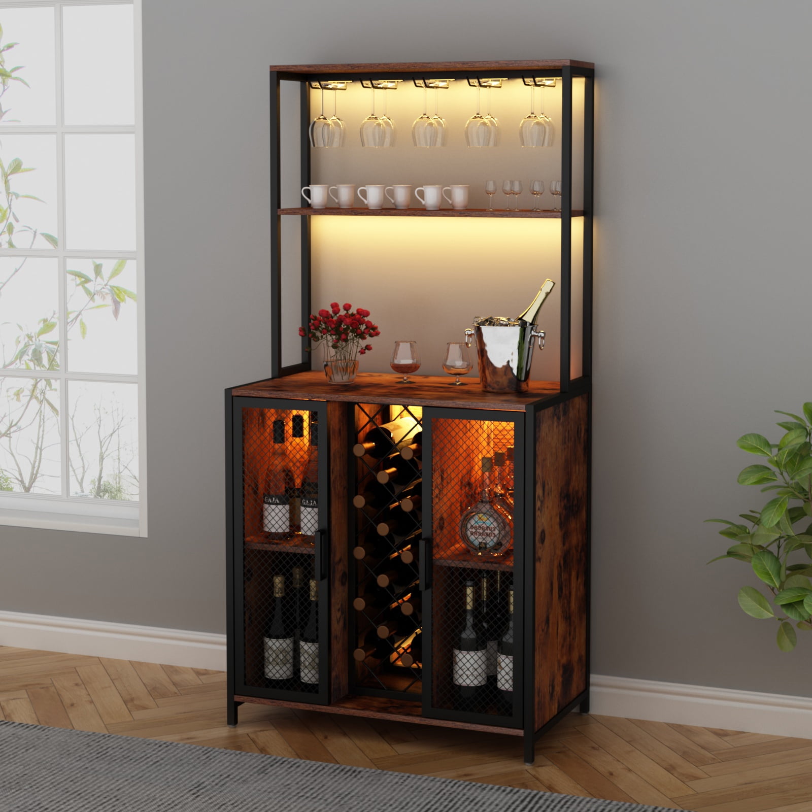 Loomie Wine Bar with LED Lights, 5Tier Industrial Coffee Bar