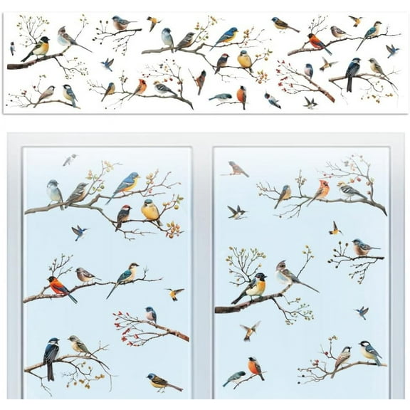 Window Static Cling Decal Sticker Double-Sided for Large Glass Car Windows 1 Sheet Branches with Birds 47.2"x11.8" Waterproof Removable Window Decal for Home Office Classroom Decoration