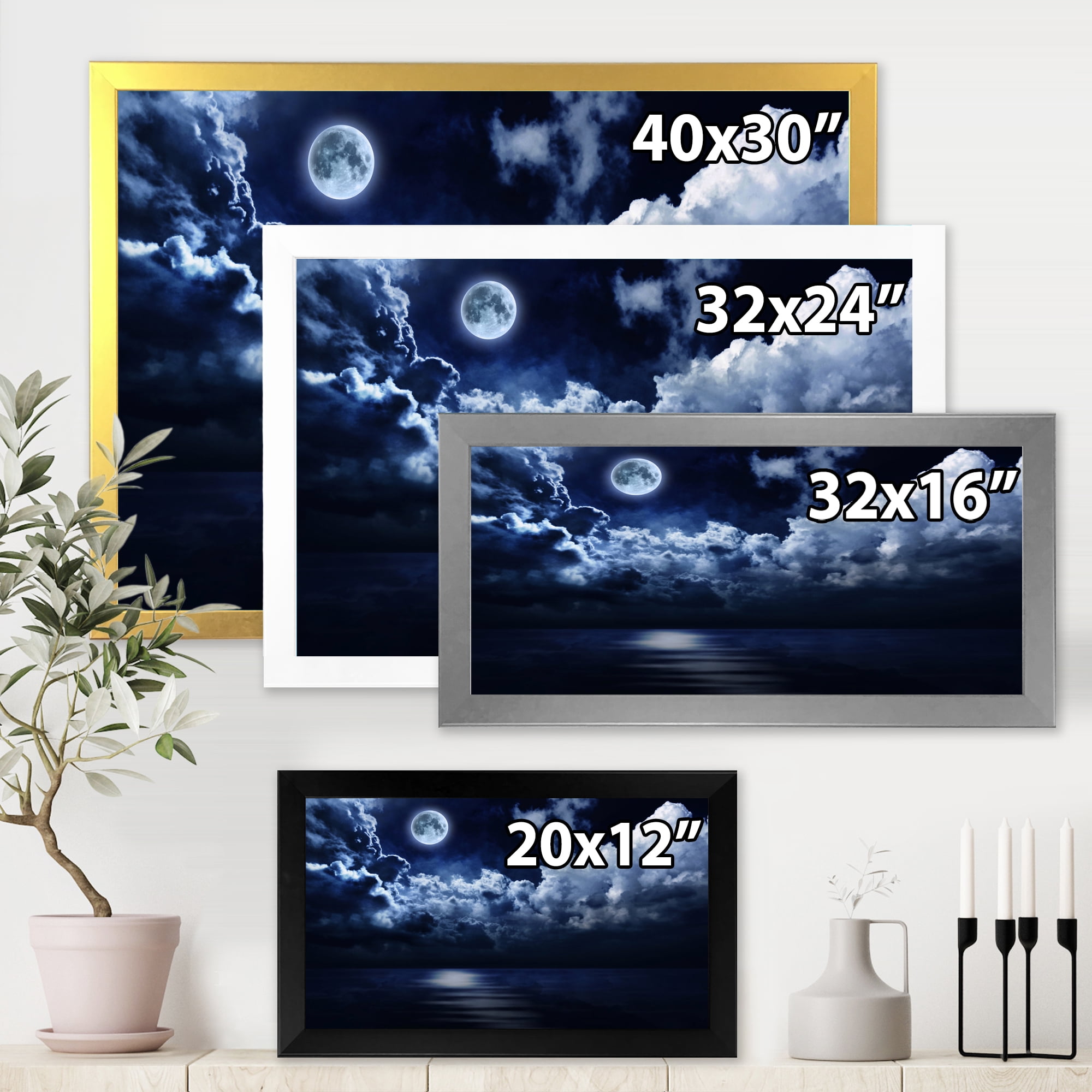 Designart 'Full Moon Night in Cloudy Sky' Modern Framed Art Print