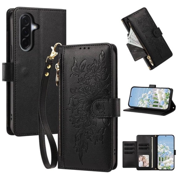 Case For Samsung Galaxy A57 5G Butterfly Flower Multi-card Holder Zipper Wallet With Lanyard Magnetic Clasp Flip Stand Leather Phone Case,Black,For Galaxy A57 5G