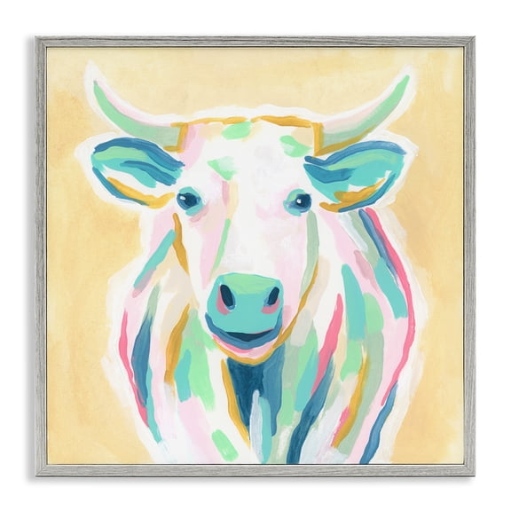 Stupell Industries Modern Pastel Smiling Cattle Gray Framed Giclee Art, 12 x 12, by June Erica Vess