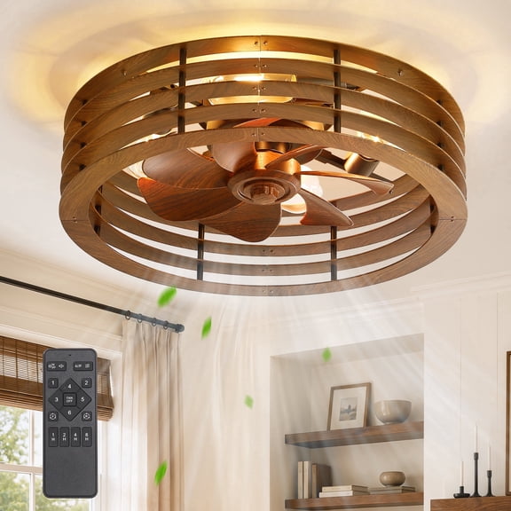 Lokivas 20 inch flush mount Caged Ceiling Fan with Light & Remote Control, Wood Grain Finish, 6-Speed Quiet DC Motor for Bedroom and Kitchen