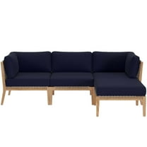 Lounge Sectional Sofa Set, Blue Navy Natural, Teak Wood, Outdoor Patio Balcony Cafe Bistro Garden Hospitality Restaurant, Modern Contemporary HB34454