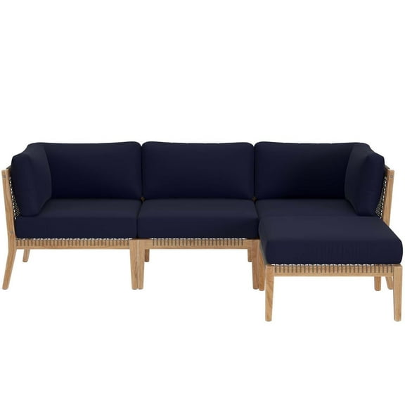 Lounge Sectional Sofa Set, Blue Navy Natural, Teak Wood, Outdoor Patio Balcony Cafe Bistro Garden Hospitality Restaurant, Modern Contemporary HB34454